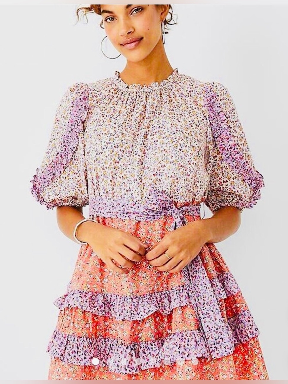 Ann Taylor Floral Ruffle Puff-Sleeve Dress - Pink, Coral